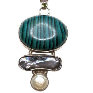 Malachite & Pearl Sterling Silver Pendant Banded Gemstone Gray Biwa Pearl 14Gram